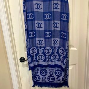 Chanel scarf, OS, 72” x 22”, two tone blue